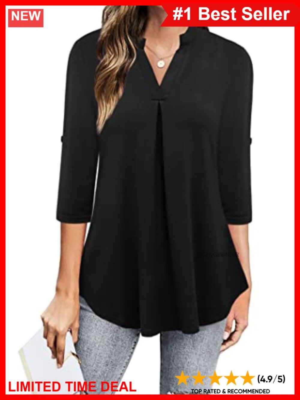 Womens 3/4 Sleeve V Neck Chiffon Blouse Work Tunic Top